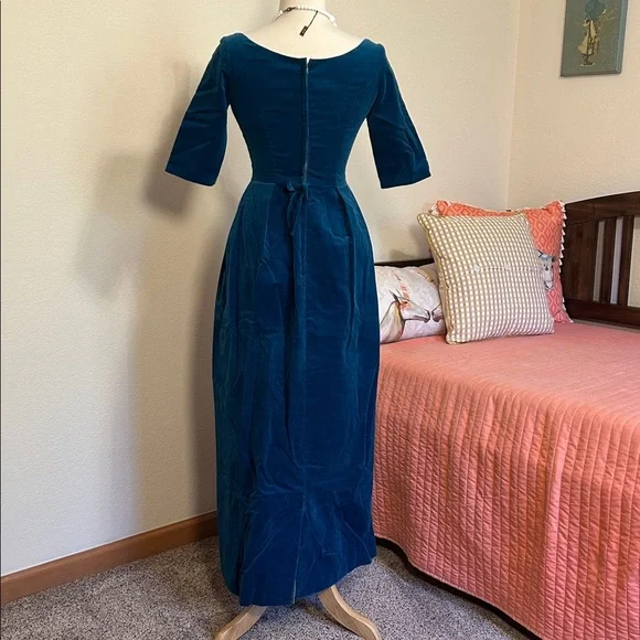 Vintage 1950-60s Teal Blue Velvet Maxi Cocktail Dress Neusteters Denver CO sz XS - Picture 5 of 16